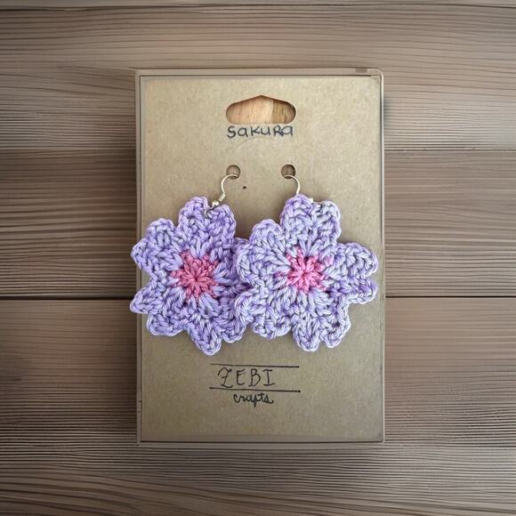 Sakura Cherry Blossom Crochet Earrings Handmade Fish Hook Hypoallergenic - Picture 1 of 4